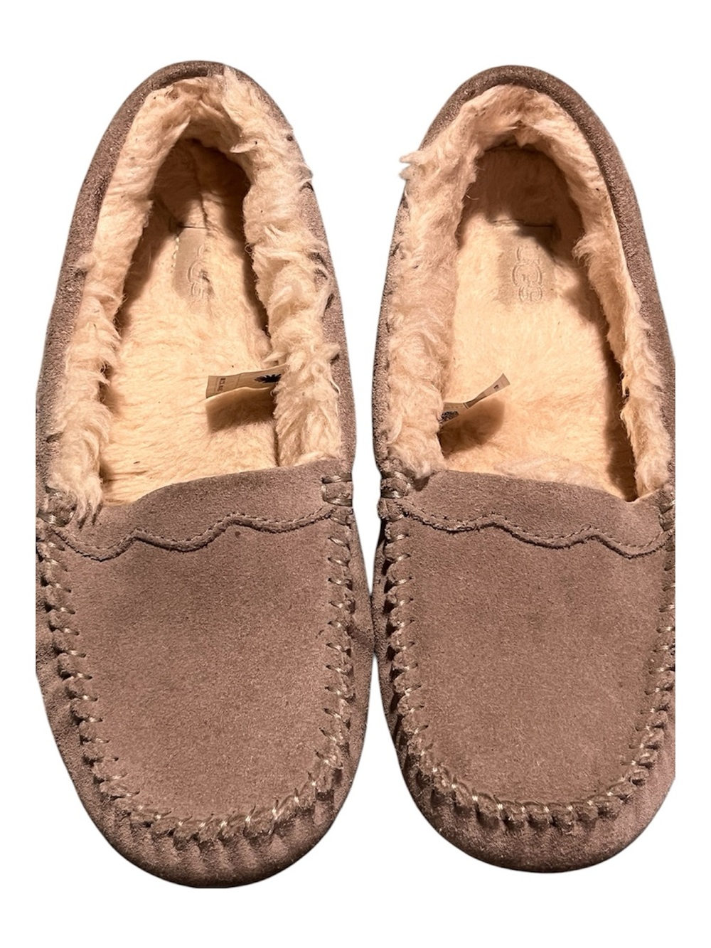 UGG Women's Taupe Suede Moccasin Slippers with Cream Faux-Fur Lining